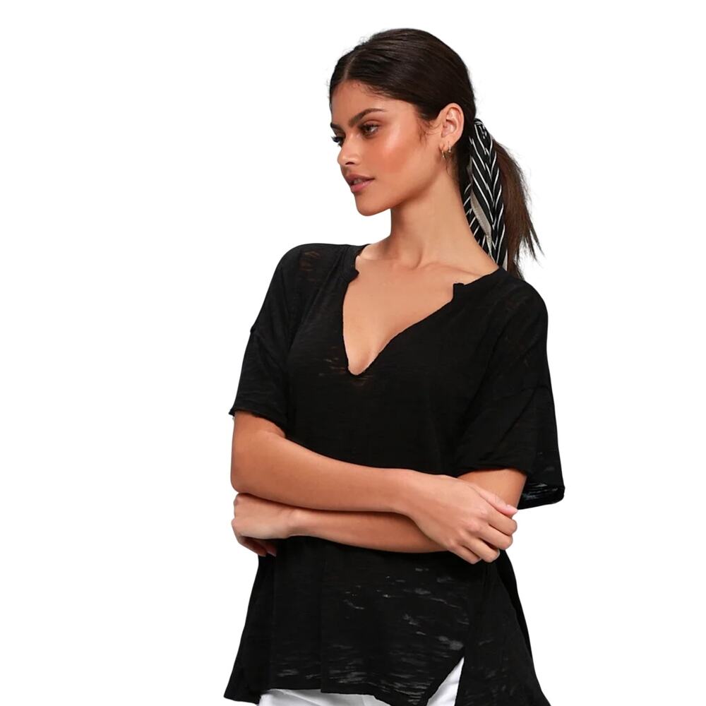 We The Free Maddie Black Slub V-Notch burnout Short Sleeve Top
